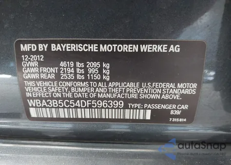 2013 BMW 328I xDrive из США, поврежденный, VIN WBA3B5C54DF596399